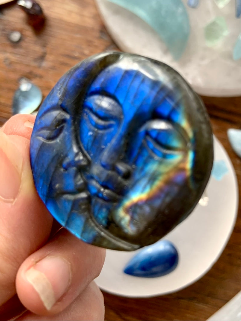 Deep Blue Flash LABRADORITE Sun + Moon Face