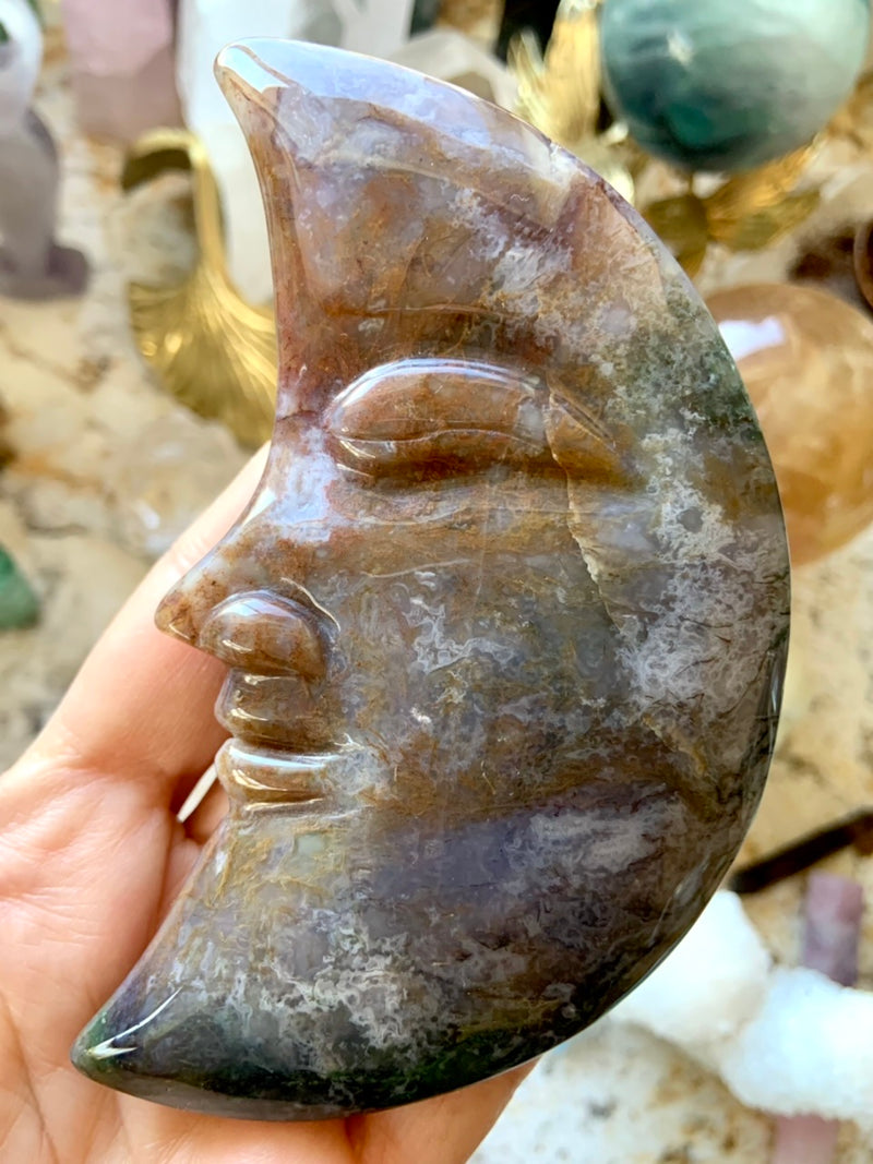 Big  Ocean Jasper Moon Face, Hand-Carved Crystal Moon