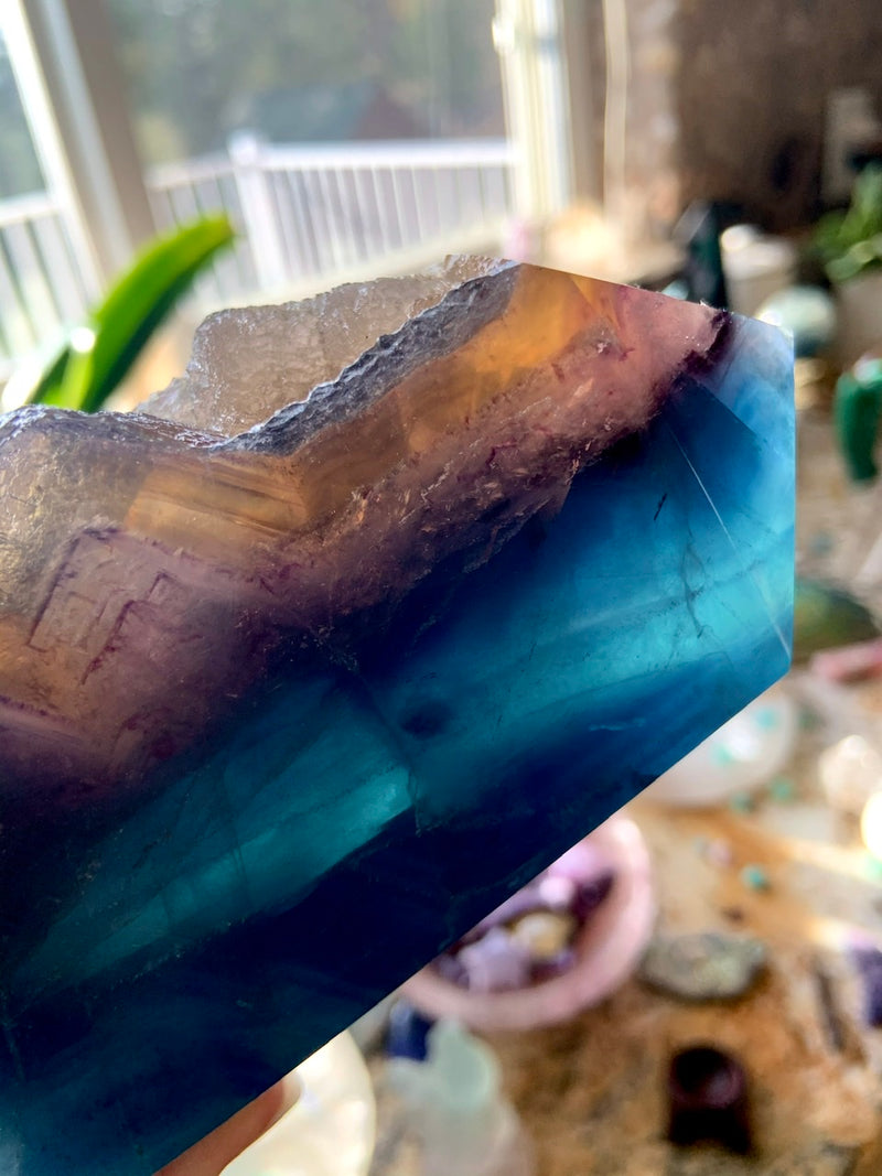 Large Blue FLUORITE TOWER with Natural Cubic Edge