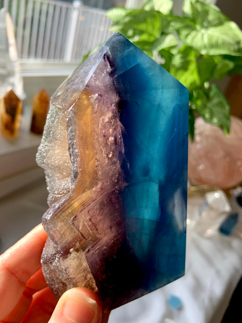 Large Blue FLUORITE TOWER with Natural Cubic Edge