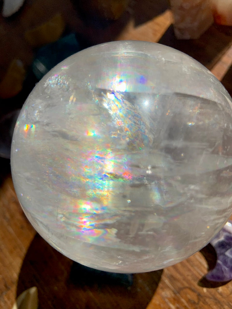 Mega Rainbows OPTICAL CALCITE SPHERE, A++ Clear Calcite Crystal Ball with Stand