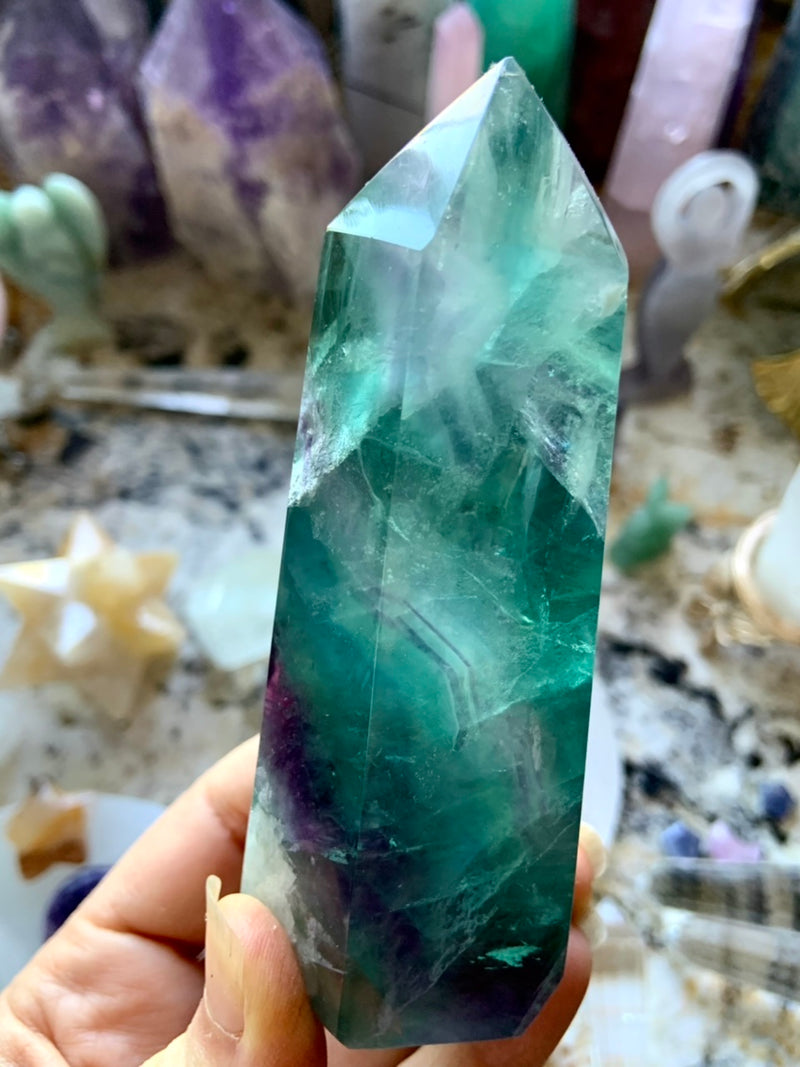 Transparent Teal Blue FLUORITE TOWER with Dendrites + Rainbows