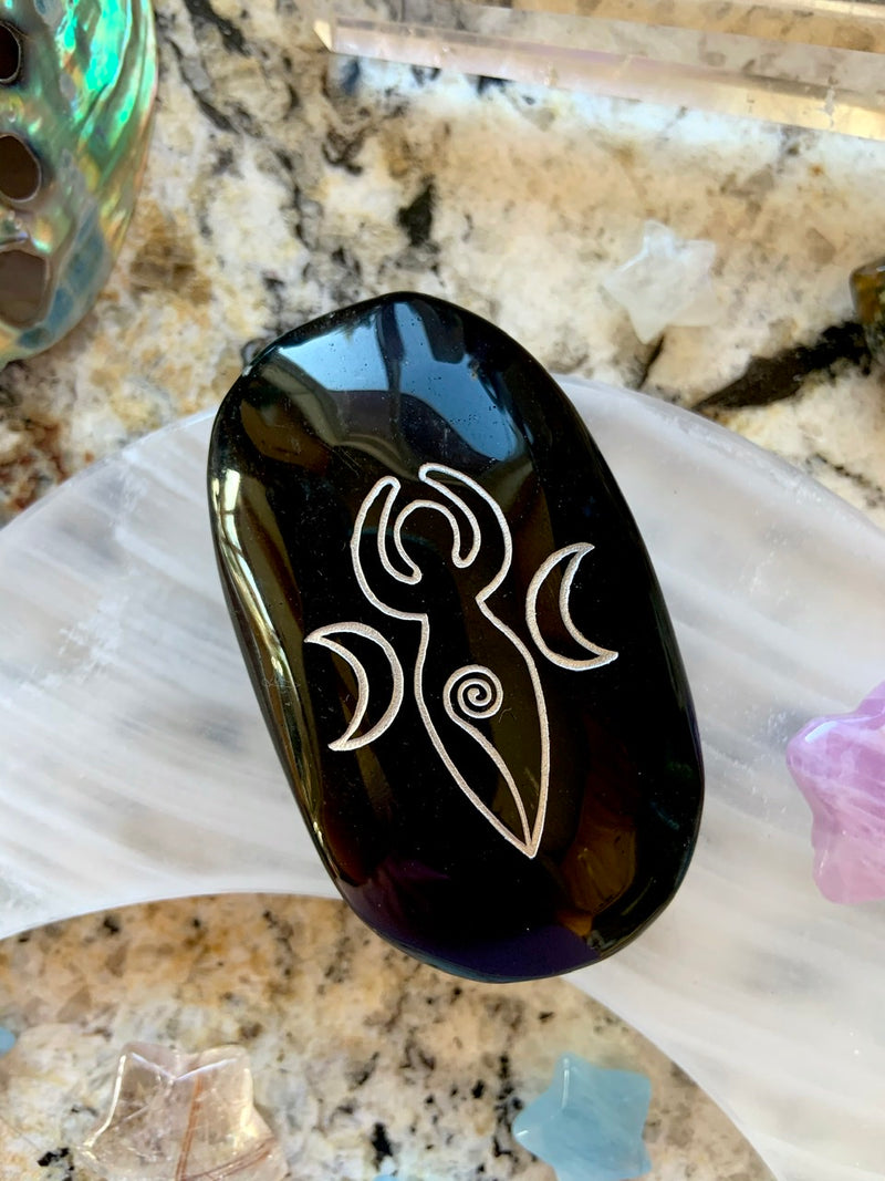 Triple Moon Goddess BLACK OBSIDIAN Palm Stones for energetic protection
