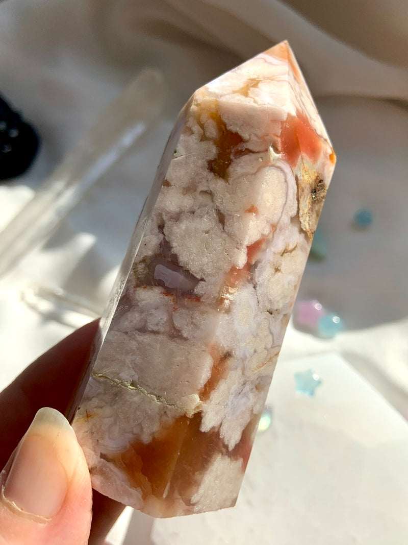 Coral Matrix FLOWER AGATE Tower, Cherry Blossom Agate Point