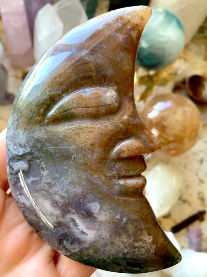 Big  Ocean Jasper Moon Face, Hand-Carved Crystal Moon