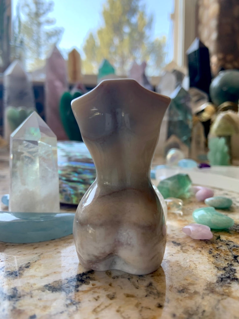 Flower Agate Goddess Figurine with Pink Amethyst Druzy