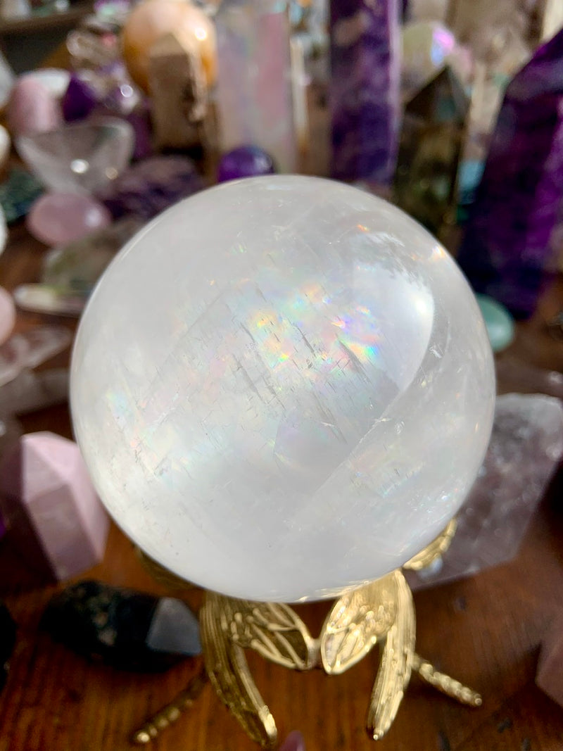 XL Optical Calcite Sphere with tons of Rainbows, A+ Clear Rainbow Calcite Crystal Ball