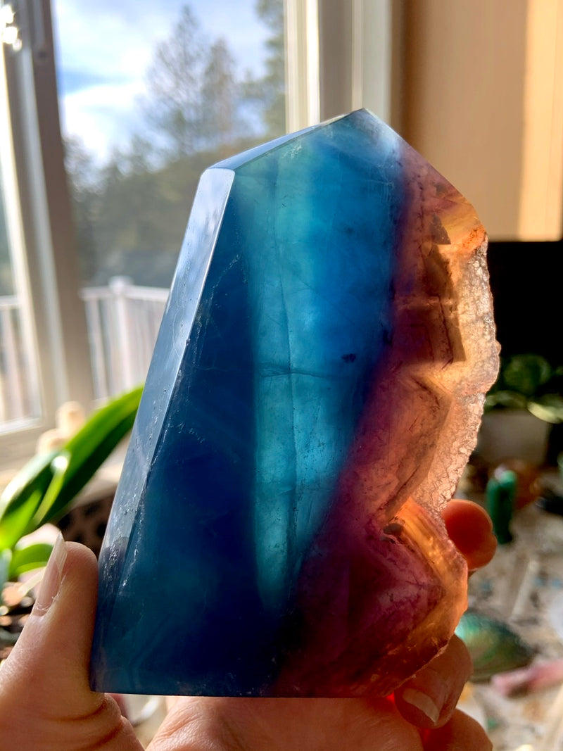 Large Blue FLUORITE TOWER with Natural Cubic Edge