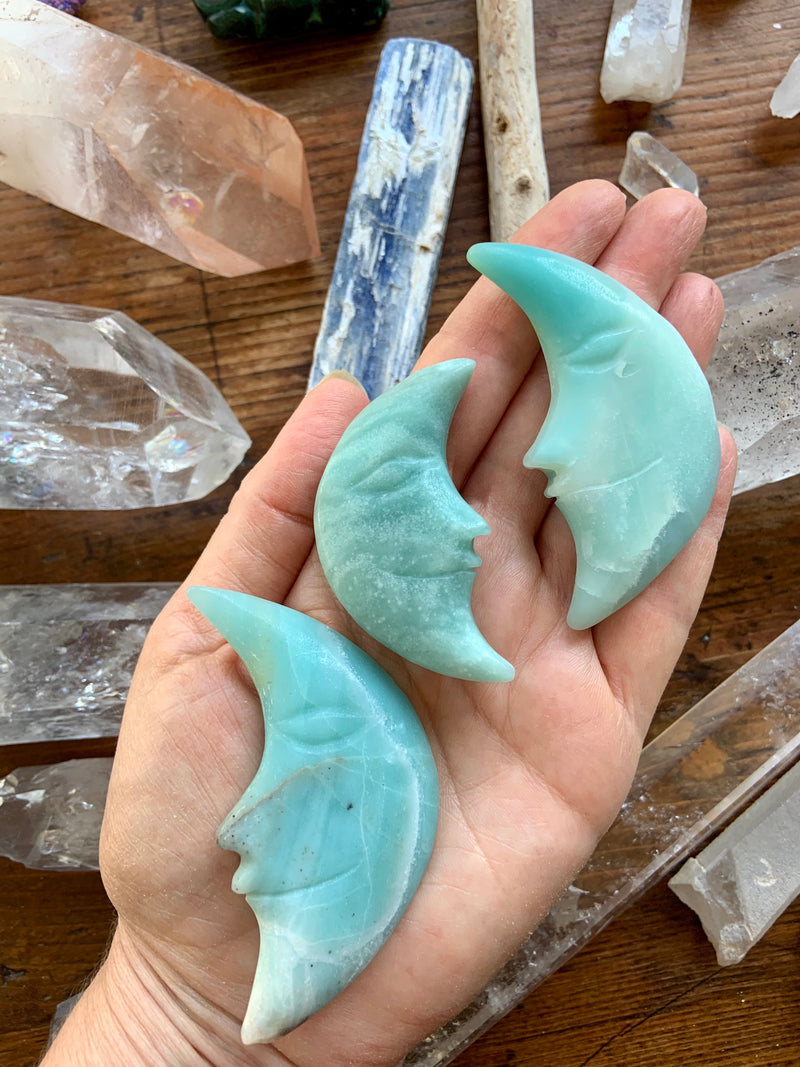 AMAZONITE MOON, Hand Carved Crescent Moon Face, Crystal Moons by Wild Mountain Crystals in Mt Shasta