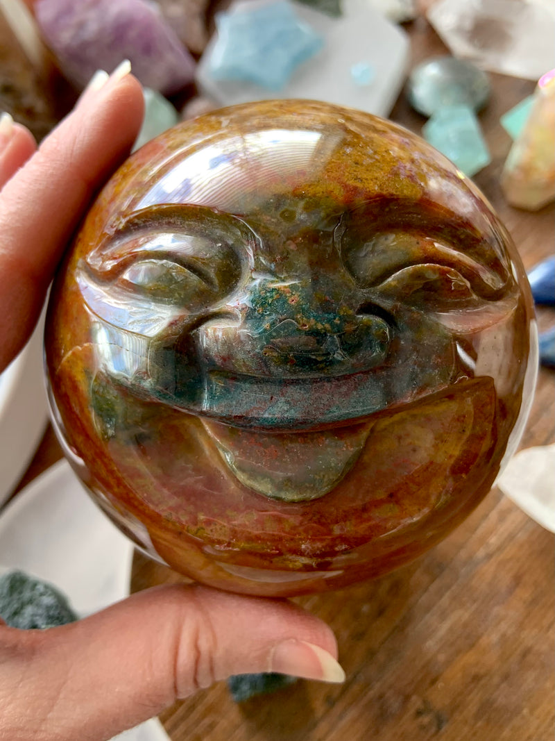 Ocean Jasper Happy Buddha Moon Face Sphere