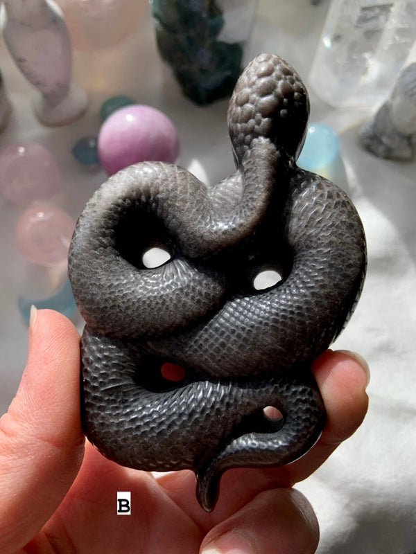 Silver Sheen Obsidian Snake Carving